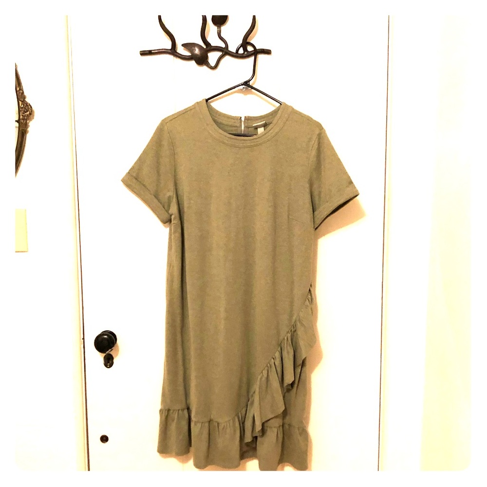 Olive heather shirt dress with diagonal ruffles